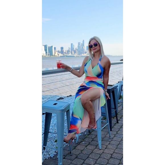 NICHOLAS Multicolor Abstract A-Line Ruching Side Slit Bristol Gown Dress Size 4 - Picture 6 of 6